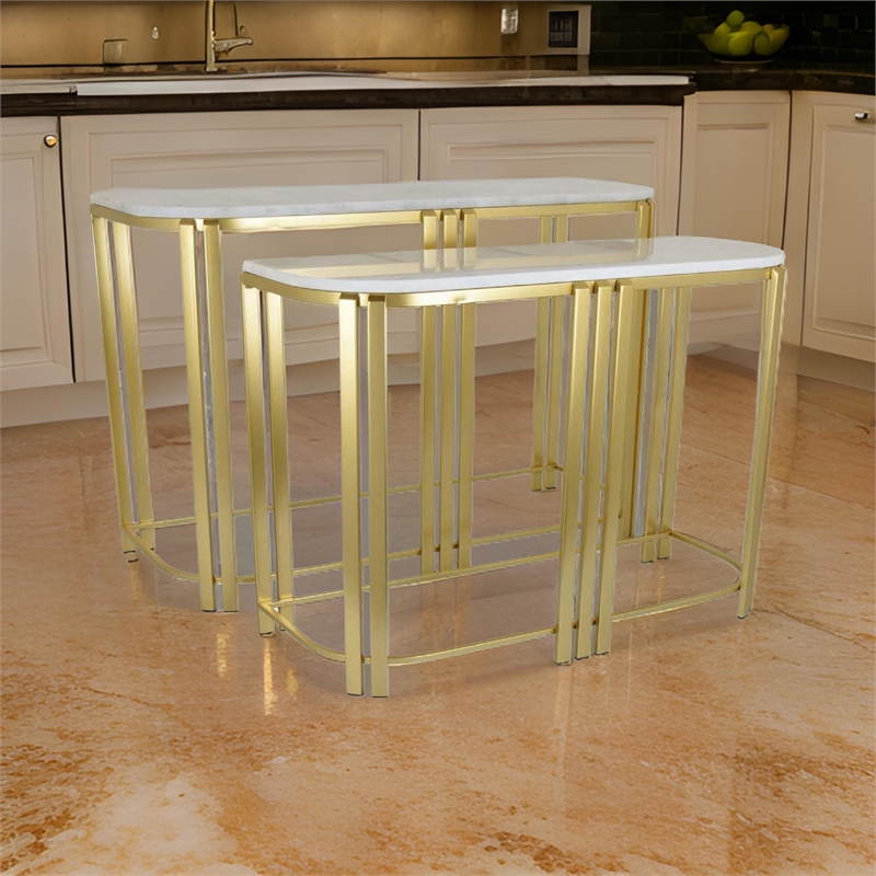 Benjara Set of 2 Accent Nesting Tables-Marble Top-Sleek Modern Gold Metal Frame