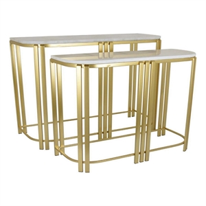 Benjara Set of 2 Accent Nesting Tables-Marble Top-Sleek Modern Gold Metal Frame
