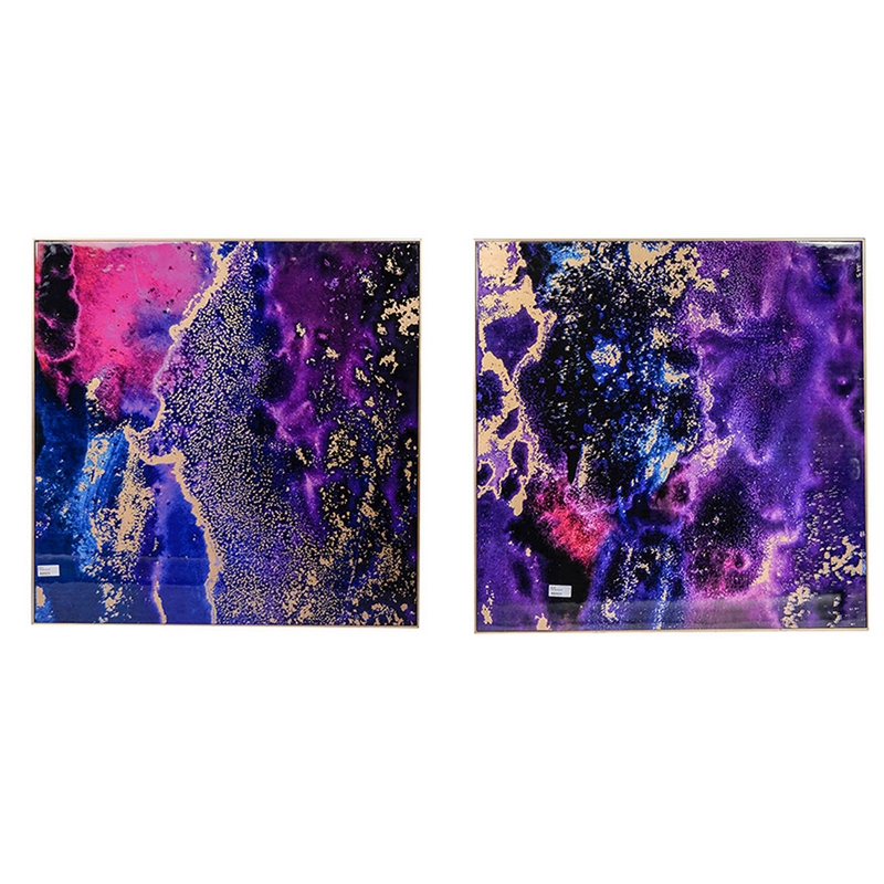 Benjara 35 x 35 Set of 2 Framed Wall Art Prints- Gold Pink/Purple