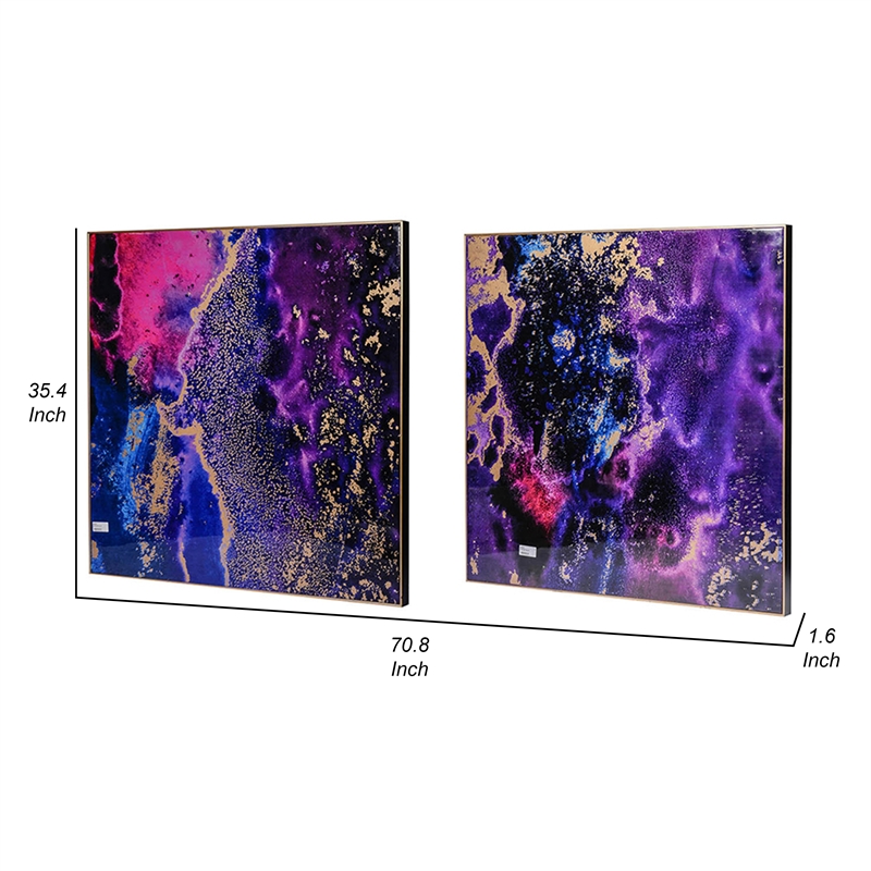 Benjara 35 x 35 Set of 2 Framed Wall Art Prints- Gold Pink/Purple