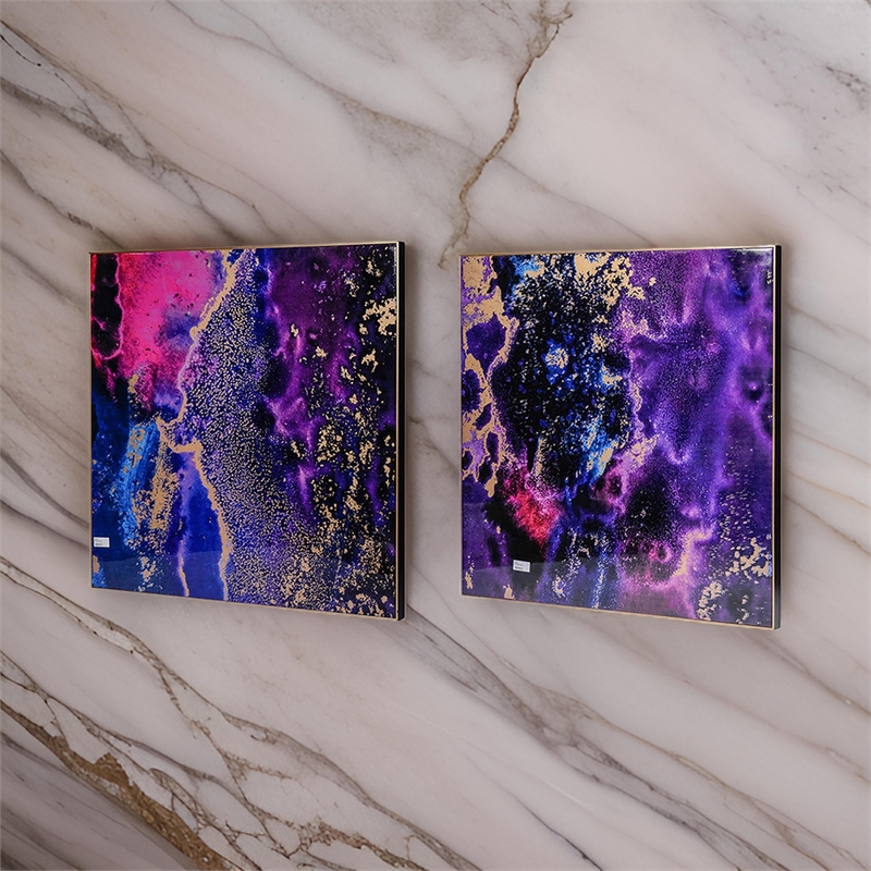 Benjara 35 x 35 Set of 2 Framed Wall Art Prints- Gold Pink/Purple