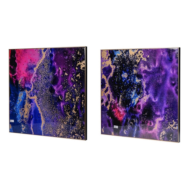 Benjara 35 x 35 Set of 2 Framed Wall Art Prints- Gold Pink/Purple