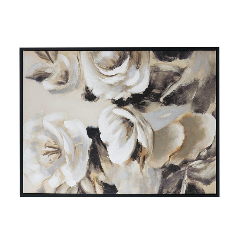 Benjara 35 x 47 Framed Wall Art- Flower Print- Modern Style- Beige- Black- White