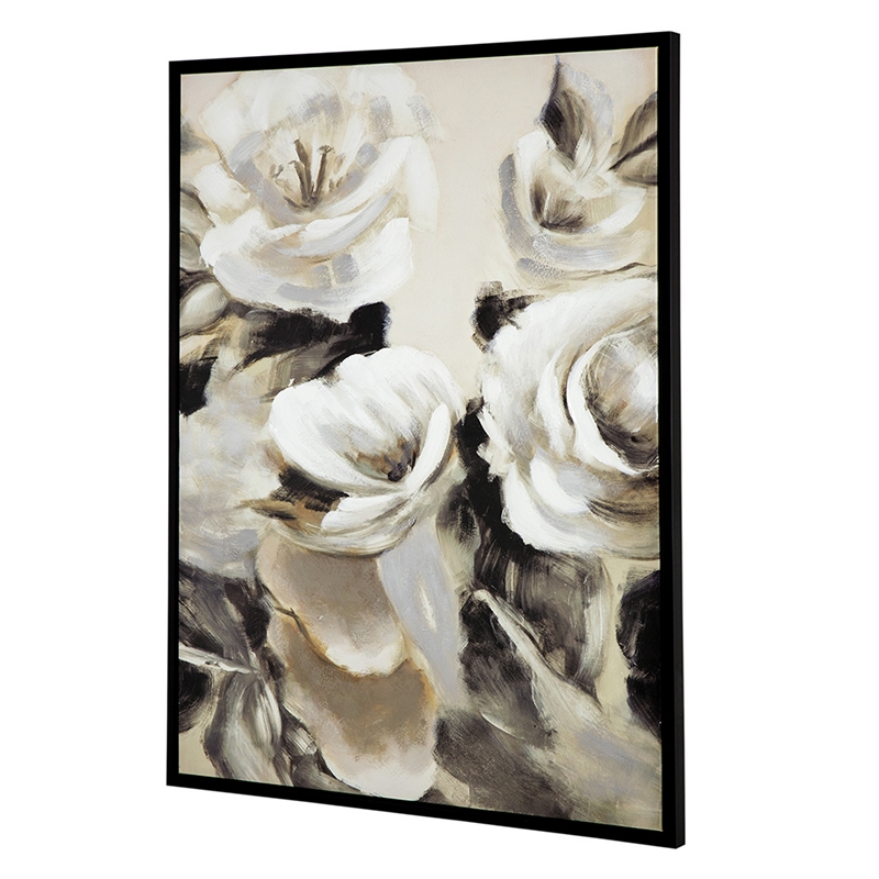 Benjara 35 x 47 Framed Wall Art- Flower Print- Modern Style- Beige- Black- White