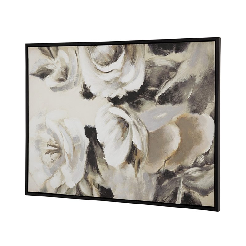 Benjara 35 x 47 Framed Wall Art- Flower Print- Modern Style- Beige- Black- White