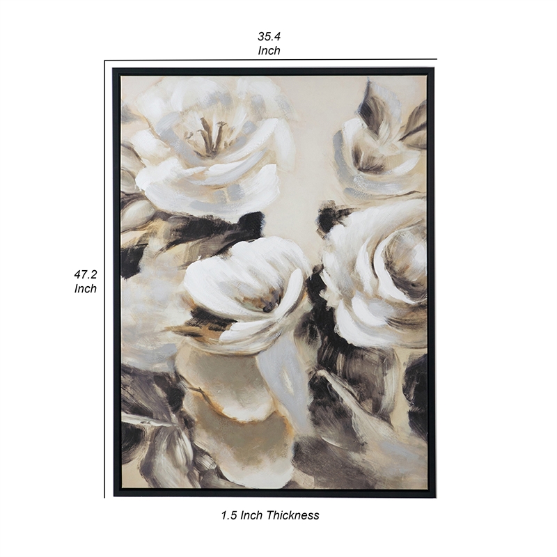 Benjara 35 x 47 Framed Wall Art- Flower Print- Modern Style- Beige- Black- White