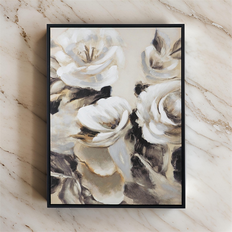 Benjara 35 x 47 Framed Wall Art- Flower Print- Modern Style- Beige- Black- White
