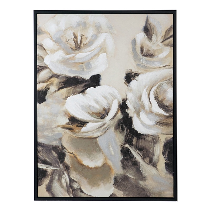 Benjara 35 x 47 Framed Wall Art- Flower Print- Modern Style- Beige- Black- White