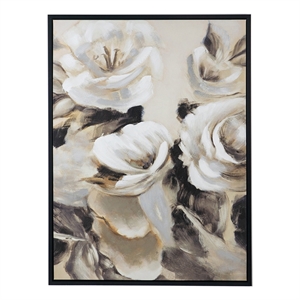 Benjara 35 x 47 Framed Wall Art- Flower Print- Modern Style- Beige- Black- White