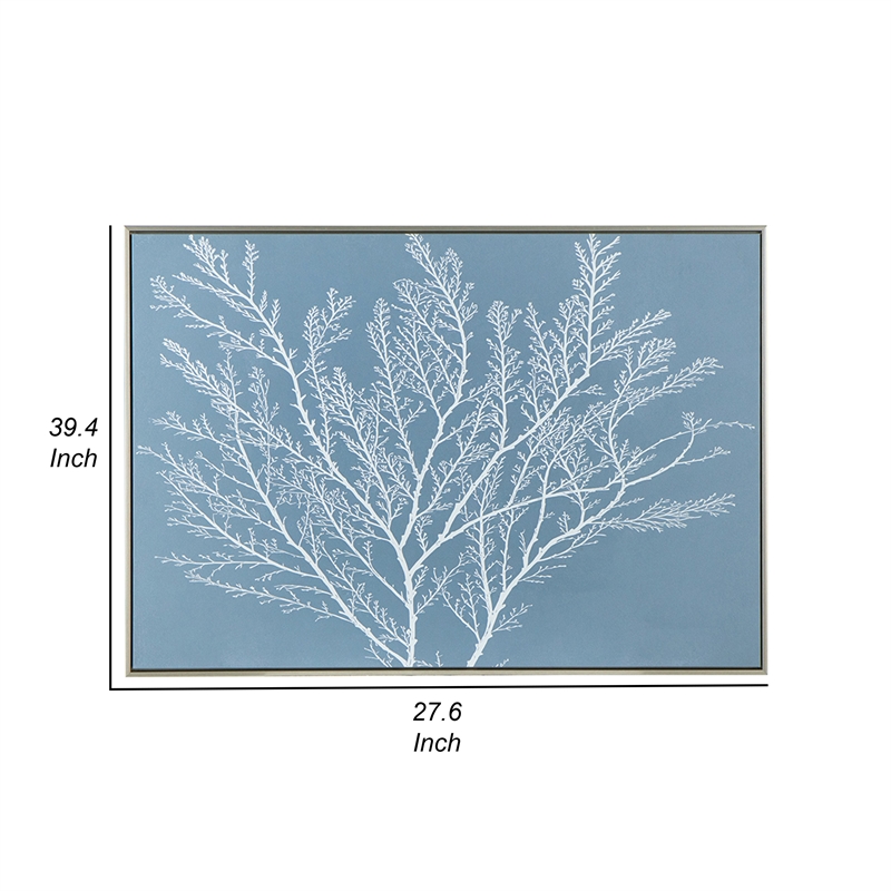 Benjara 28 x 39 Hanging Wall Art Decor-Rectangular White Tree Design-Blue Canvas