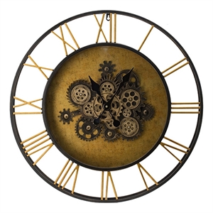 Benjara 28&quot Hanging Wall Clock- Round Gear Design- Gold and Black Iron Frame