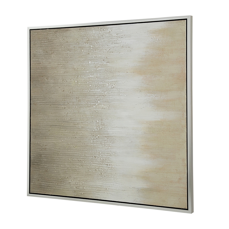 Benjara 39 x 39 Hand Painted Wall Art- Polyester Canvas- Wood- White and Gold