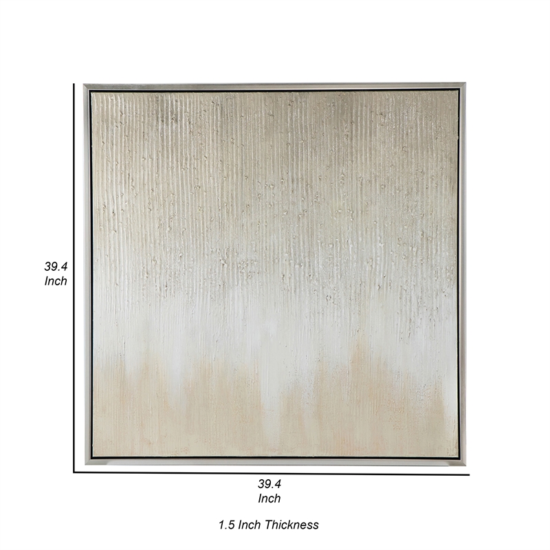 Benjara 39 x 39 Hand Painted Wall Art- Polyester Canvas- Wood- White and Gold