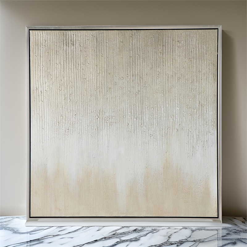 Benjara 39 x 39 Hand Painted Wall Art- Polyester Canvas- Wood- White and Gold