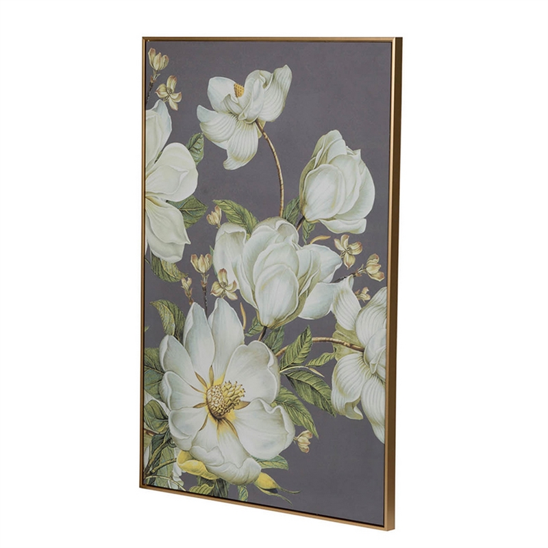 Benjara Nia 32 x 47 Flower Wall Art Decor- Microfiber- Pine Wood- White- Green