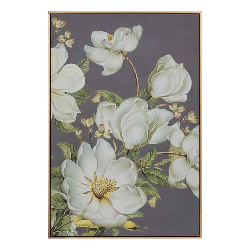 Benjara Nia 32 x 47 Flower Wall Art Decor- Microfiber- Pine Wood- White- Green