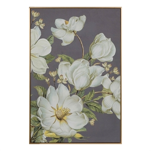 Benjara Nia 32 x 47 Flower Wall Art Decor- Microfiber- Pine Wood- White- Green