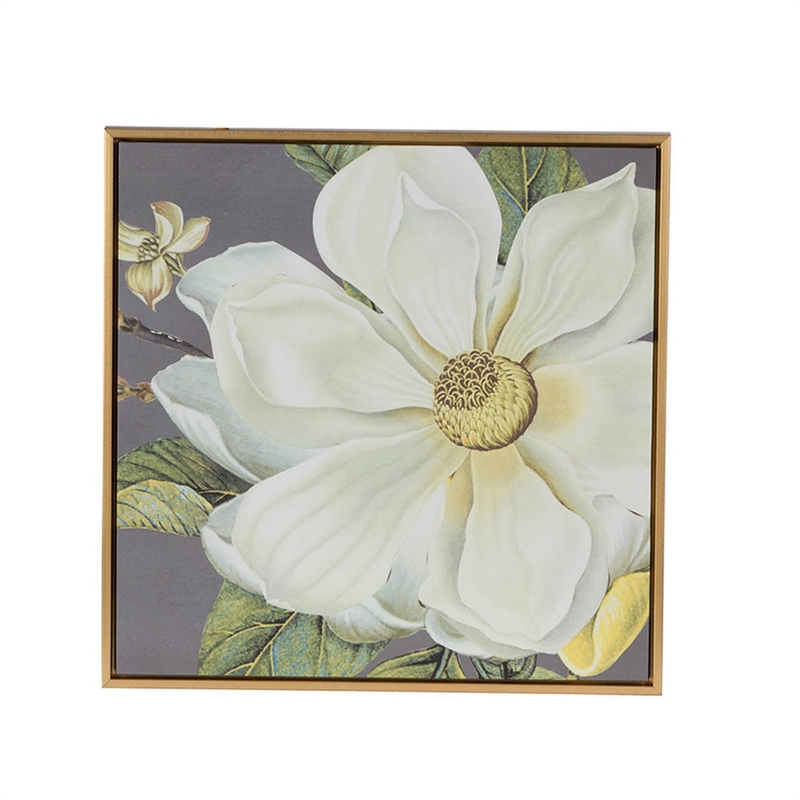 Benjara Nia 20 x 20 Flower Wall Art Set of 4- White- Green Microfiber- Pine Wood