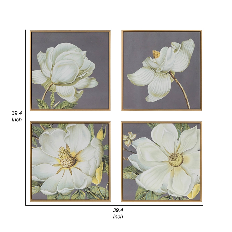 Benjara Nia 20 x 20 Flower Wall Art Set of 4- White- Green Microfiber- Pine Wood
