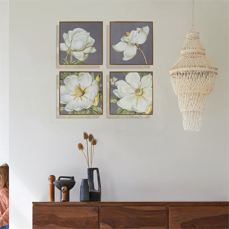 Benjara Nia 20 x 20 Flower Wall Art Set of 4- White- Green Microfiber- Pine Wood