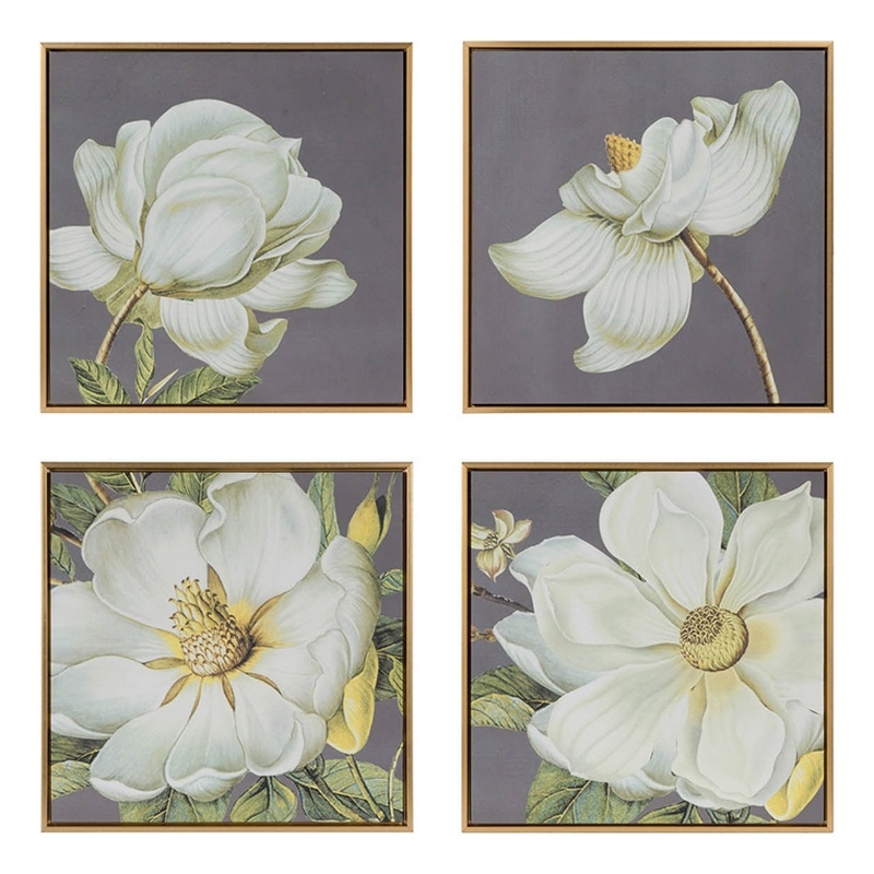 Benjara Nia 20 x 20 Flower Wall Art Set of 4- White- Green Microfiber- Pine Wood