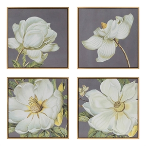 Benjara Nia 20 x 20 Flower Wall Art Set of 4- White- Green Microfiber- Pine Wood