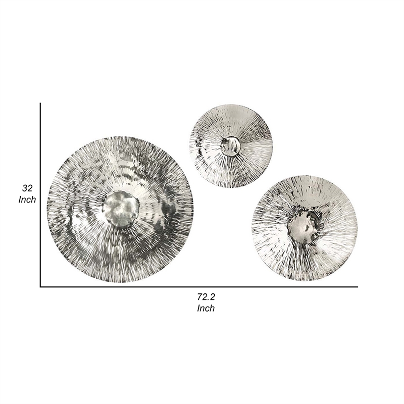 Benjara Set of 3 Decorative Wall Art Discs- Stainless Steel- Shiny Silver Finish