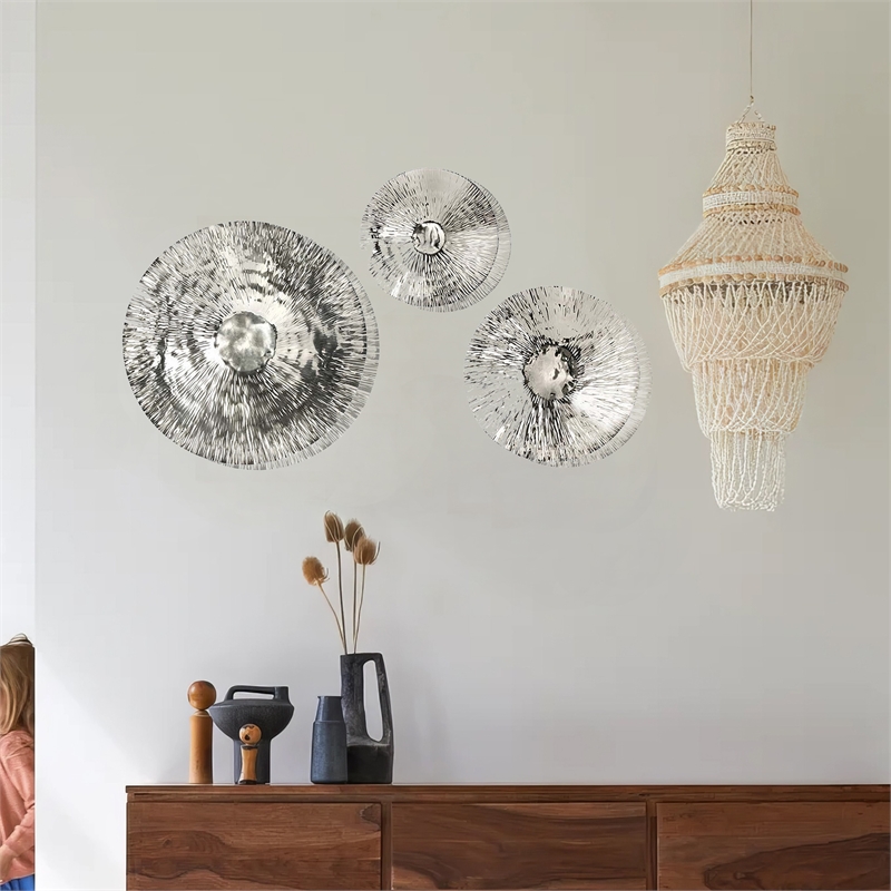 Benjara Set of 3 Decorative Wall Art Discs- Stainless Steel- Shiny Silver Finish