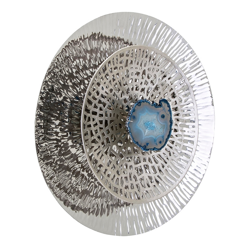 Benjara Set of 3 Decorative Wall Art Discs- Textured- Silver Steel- Blue Agate