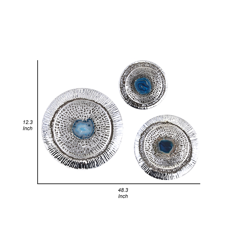 Benjara Set of 3 Decorative Wall Art Discs- Textured- Silver Steel- Blue Agate