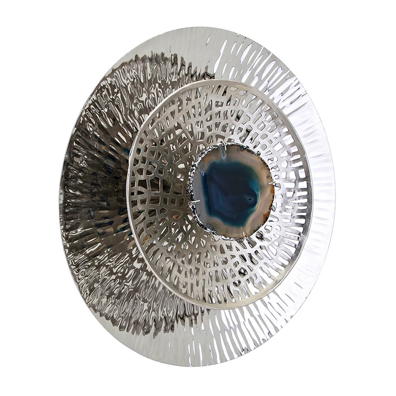 Benjara Set of 3 Decorative Wall Art Discs- Textured- Silver Steel- Blue Agate