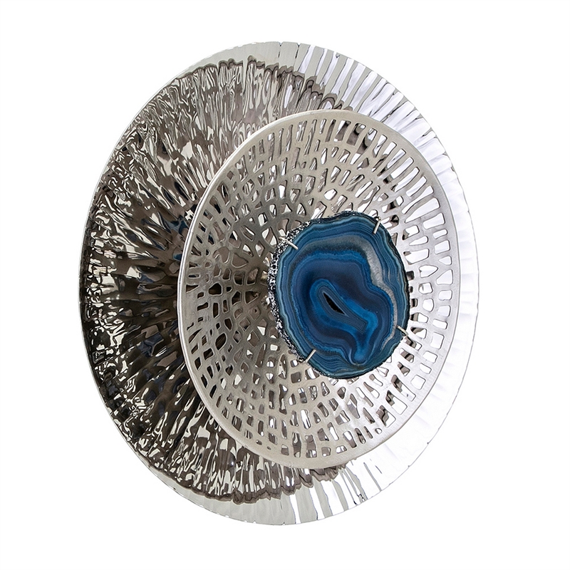 Benjara Set of 3 Decorative Wall Art Discs- Textured- Silver Steel- Blue Agate