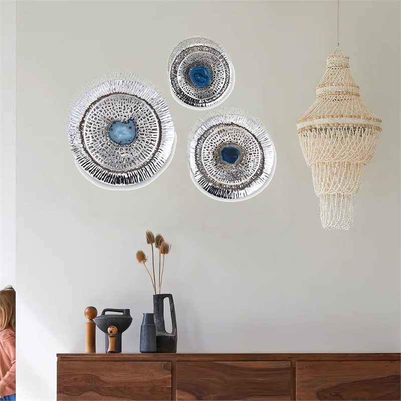 Benjara Set of 3 Decorative Wall Art Discs- Textured- Silver Steel- Blue Agate