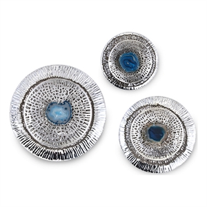 Benjara Set of 3 Decorative Wall Art Discs- Textured- Silver Steel- Blue Agate