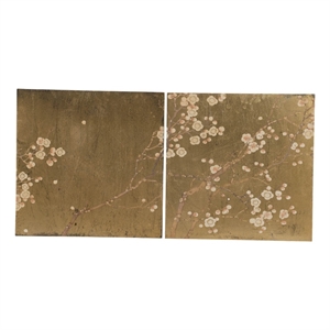 Benjara Tim 24&quot Wall Art Set of 2- Divided Floral Design- Square- Gold- Brown