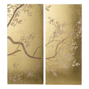 Benjara Tim 47&quot Tall Wall Art Set of 2- Divided Floral Design- Gold- Brown
