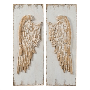Benjara 42&quot Wood Wing Wall Art Decor Set of 2- Fir Wood Frame- White & Beige