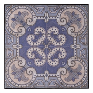 Benjara Lina 48&quot Bordered Wall Art Tile- Square- Floral Mandala- Blue- Ivory