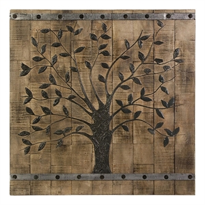 Benjara 36&quot Tree Of Life Wall Panel- Square- Mango Wood- Brown and Black