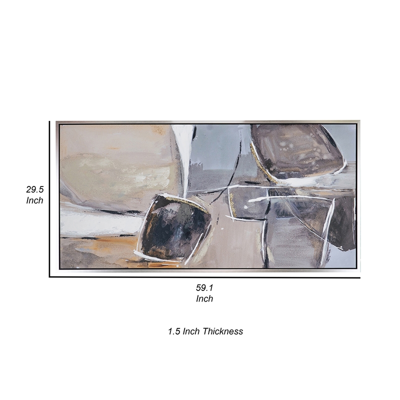 Benjara 30 x 59 Abstract Oil Painting-Rectanglular Poly Canvas-Wood-Beige-Gray