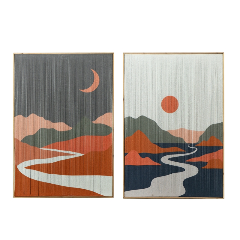 Benjara 27 x 38 Wall Art Set of 2- Day and Night Design- Fir Wood- Orange- Gray