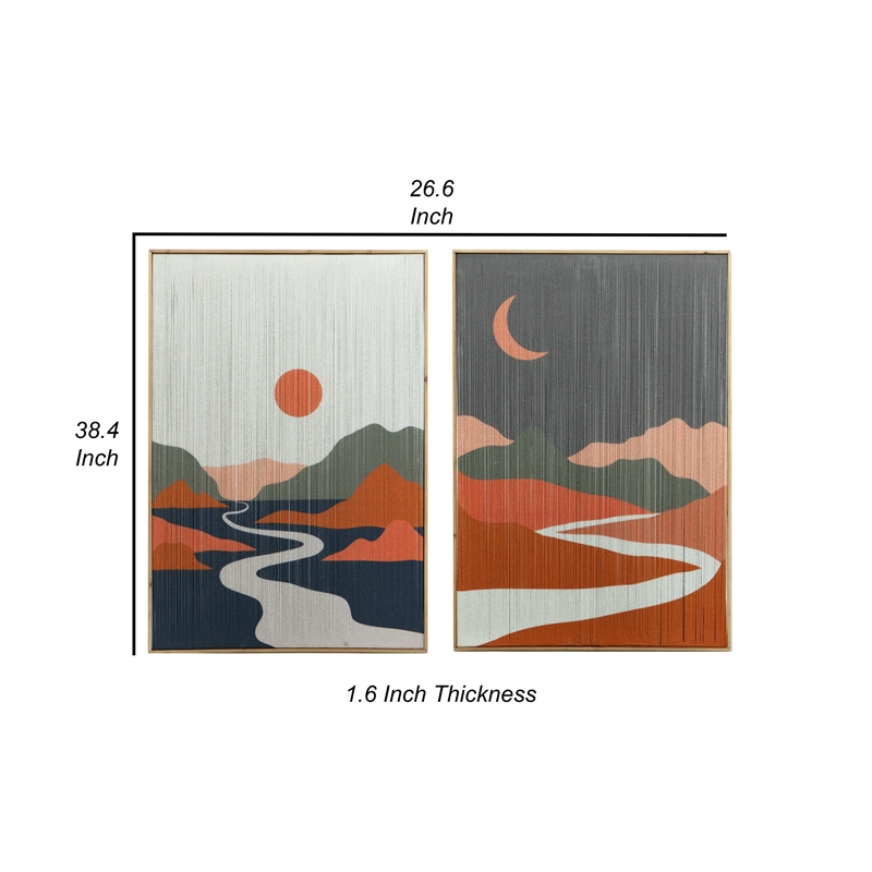 Benjara 27 x 38 Wall Art Set of 2- Day and Night Design- Fir Wood- Orange- Gray