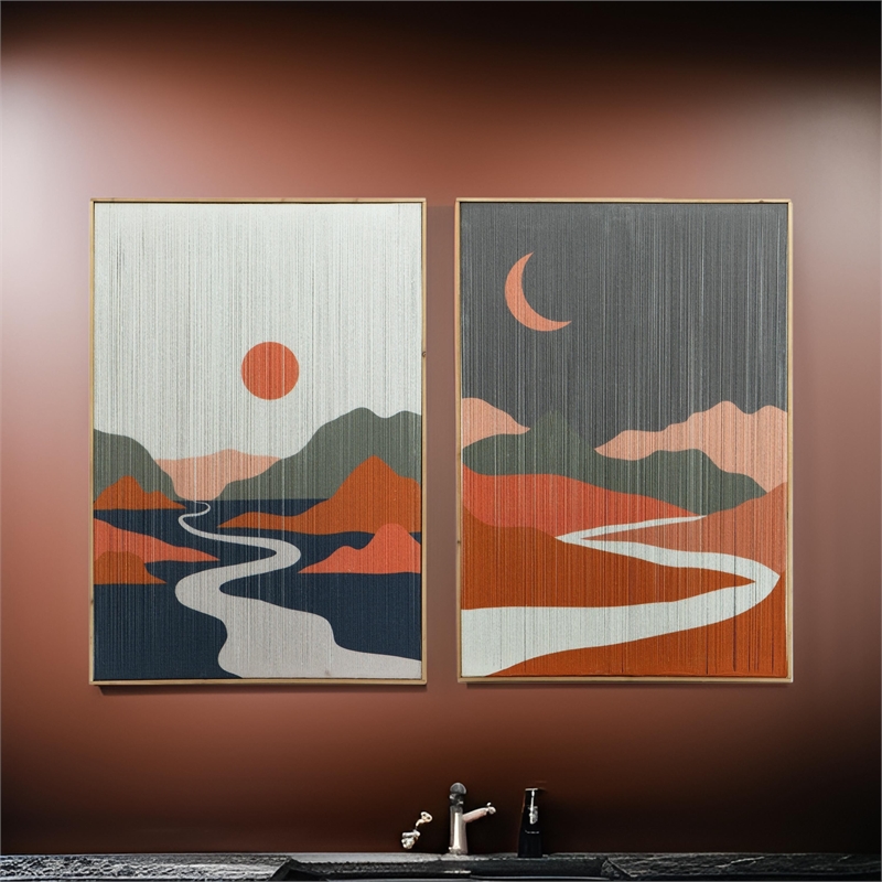 Benjara 27 x 38 Wall Art Set of 2- Day and Night Design- Fir Wood- Orange- Gray