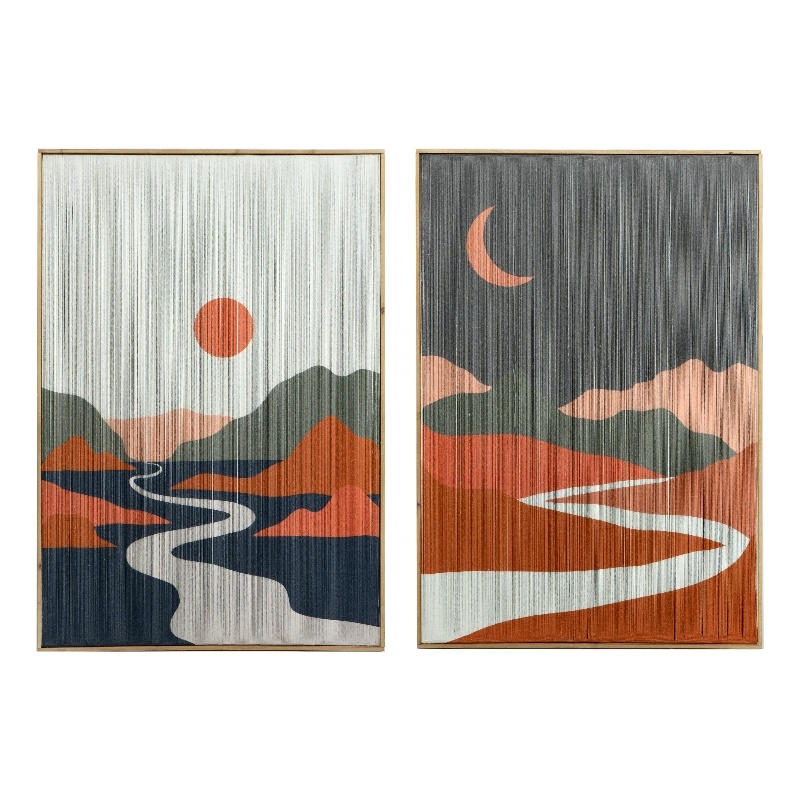 Benjara 27 x 38 Wall Art Set of 2- Day and Night Design- Fir Wood- Orange- Gray