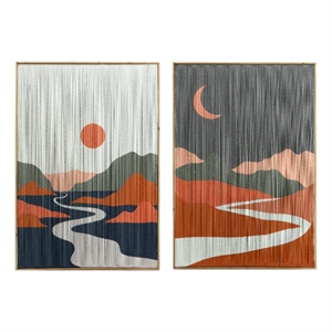 Benjara 27 x 38 Wall Art Set of 2- Day and Night Design- Fir Wood- Orange- Gray