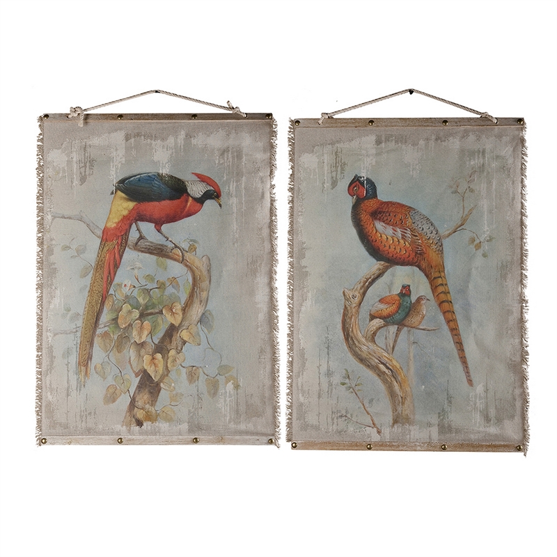 Benjara 30 x 43 Hanging Wall Art Set of 2- Colorful Birds- Linen- Orange- Blue