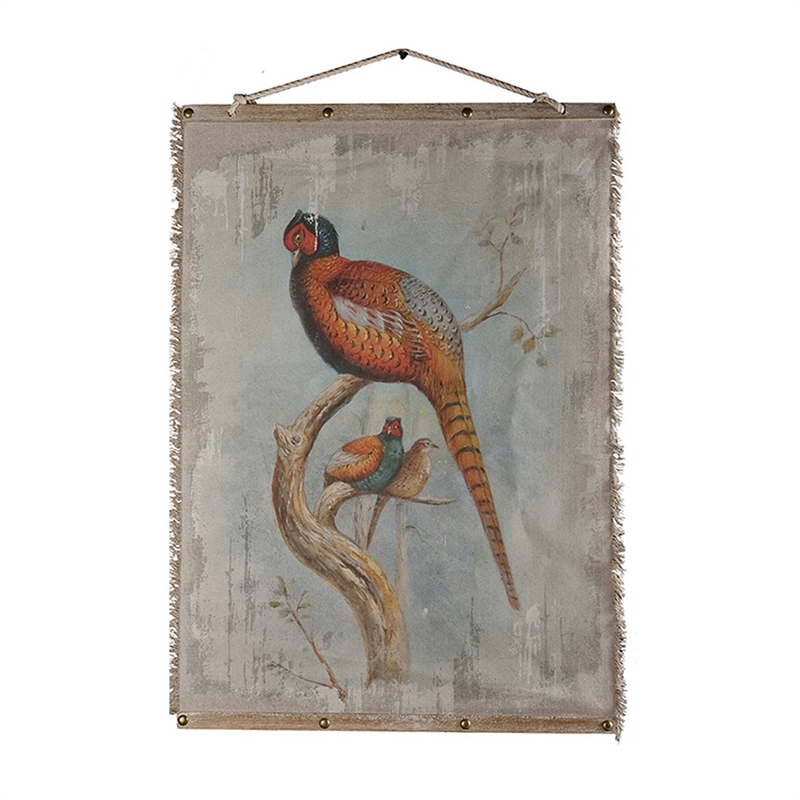Benjara 30 x 43 Hanging Wall Art Set of 2- Colorful Birds- Linen- Orange- Blue