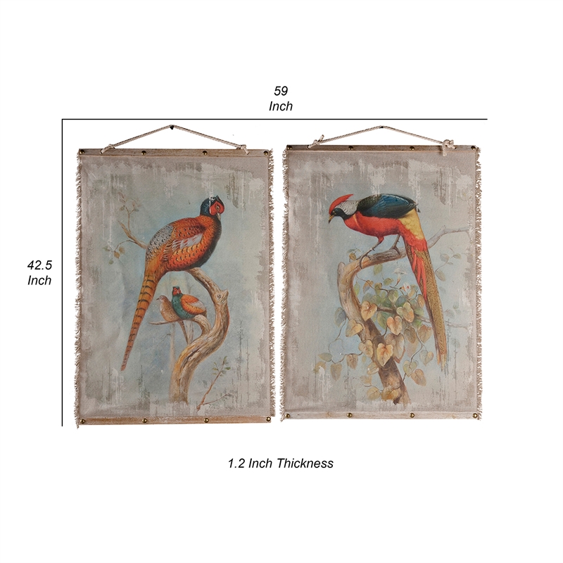 Benjara 30 x 43 Hanging Wall Art Set of 2- Colorful Birds- Linen- Orange- Blue
