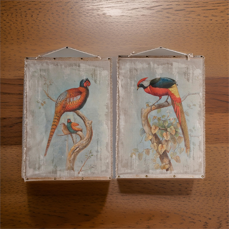 Benjara 30 x 43 Hanging Wall Art Set of 2- Colorful Birds- Linen- Orange- Blue