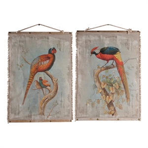 Benjara 30 x 43 Hanging Wall Art Set of 2- Colorful Birds- Linen- Orange- Blue